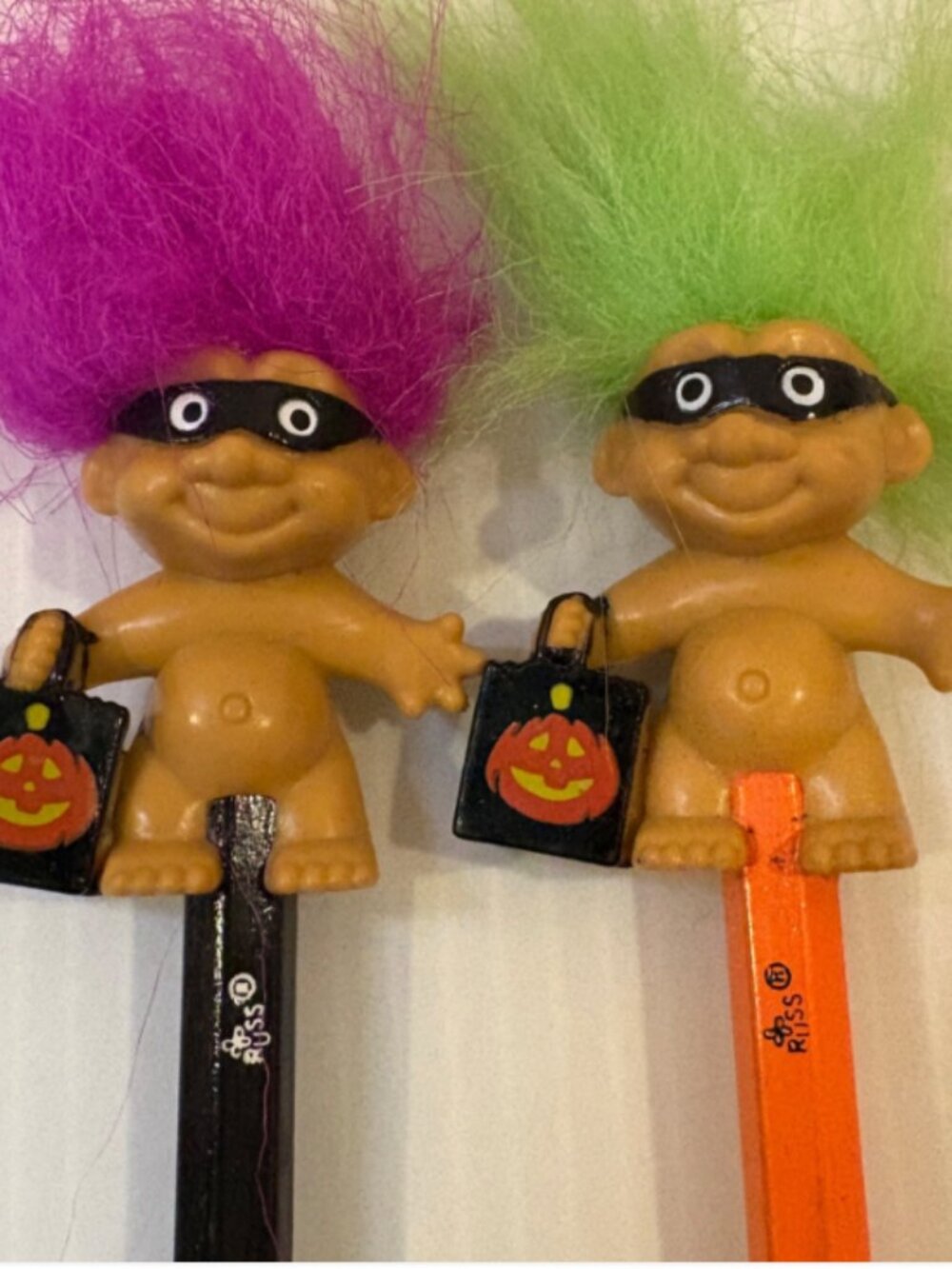 2 Vtg Trick or Troll Pencil Topper Russ Green & Purple Hair Halloween Unused